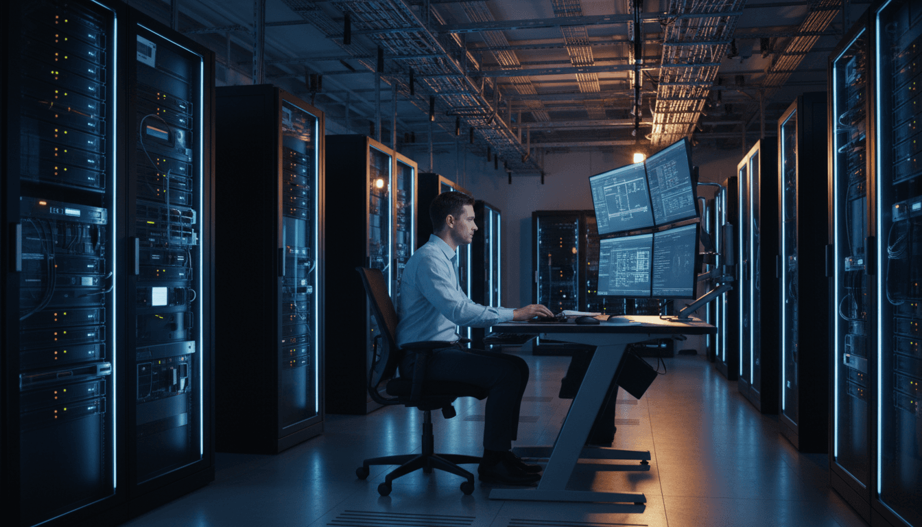 Fusion Solutions team member monitoring IT infrastructure in Hyderabad office