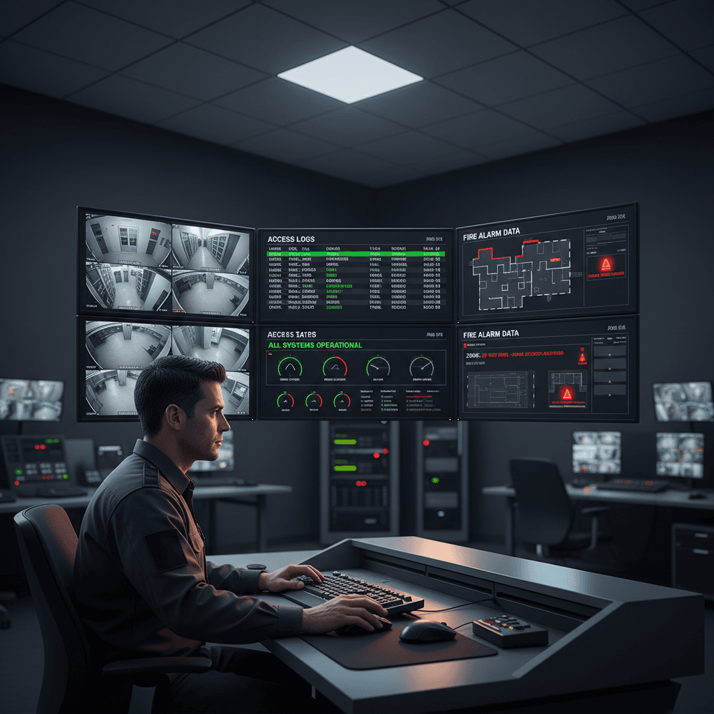 Security operator monitoring unified dashboard across CCTV, access control, and alarm systems