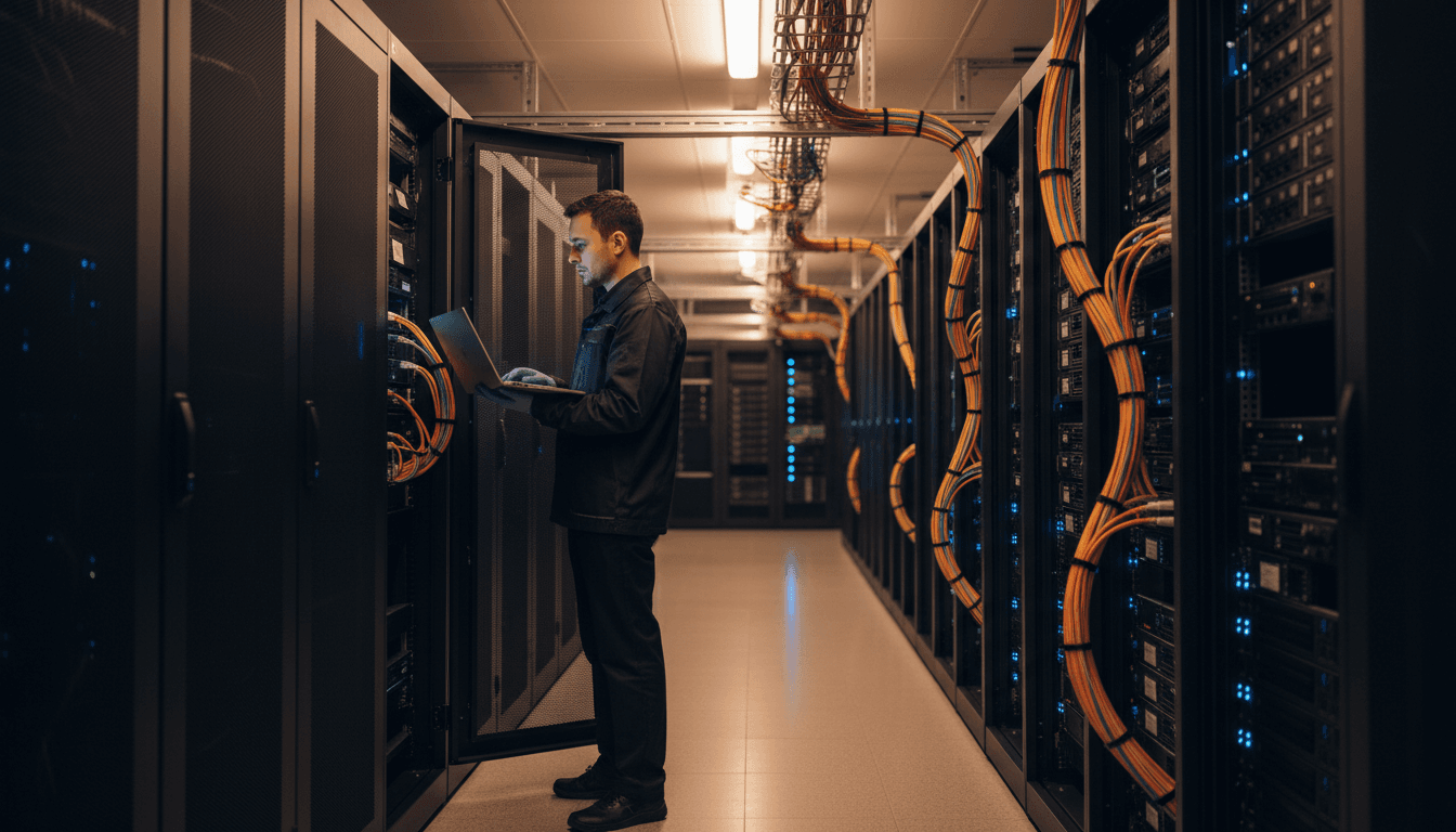 Professional server room with organized IT infrastructure and technician monitoring systems