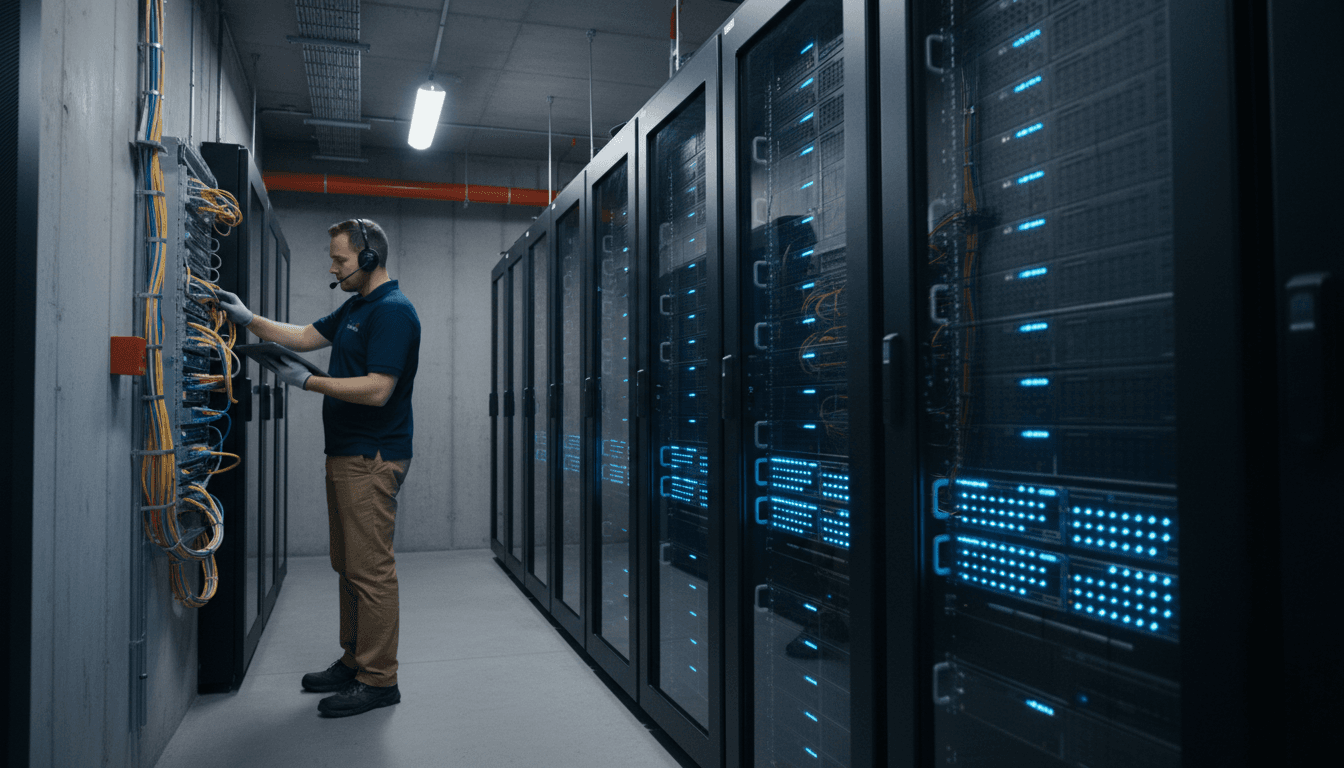 Server room with organized IT infrastructure and technician monitoring equipment