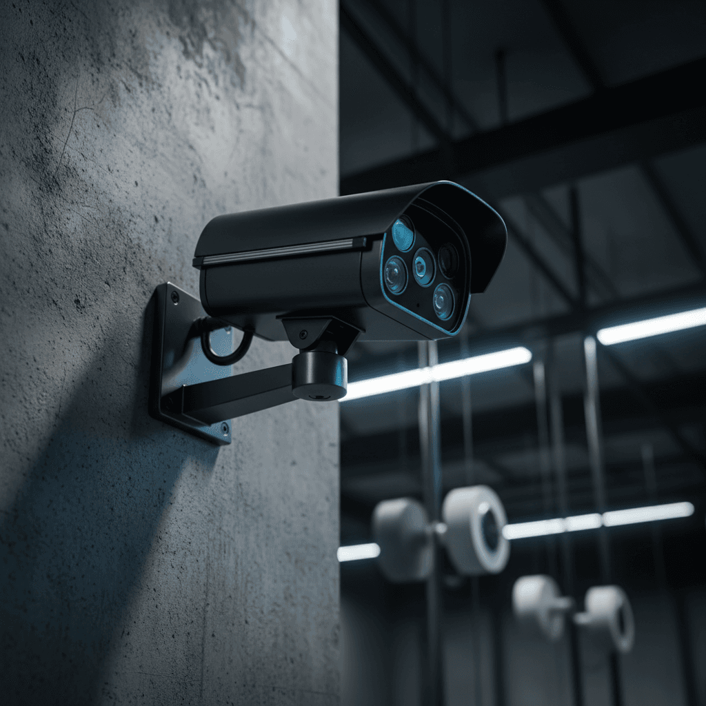 CCTV camera mounted on building wall with clear lens focus