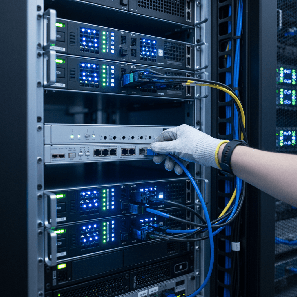 Technician connecting network cables in server rack installation