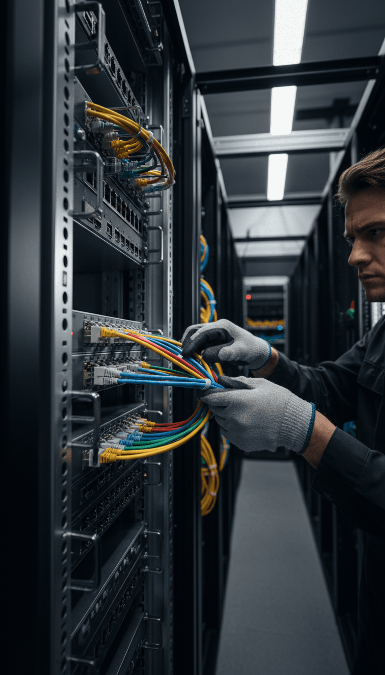Technician connecting network cables into server equipment