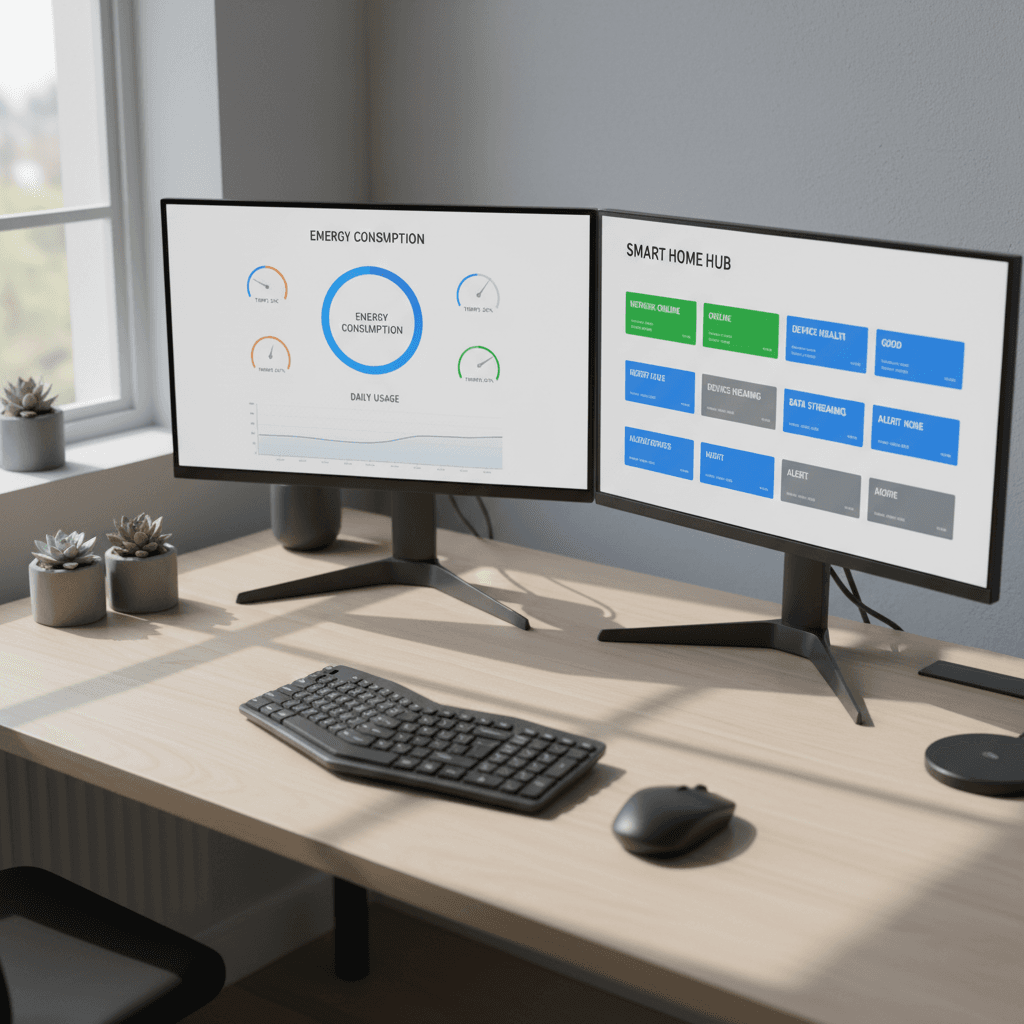 IoT management dashboard displayed on computer monitors