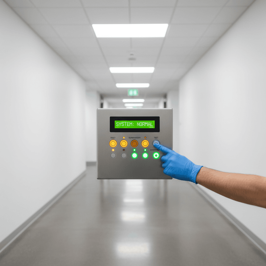 Fire alarm control panel with status indicators and facility manager checking system