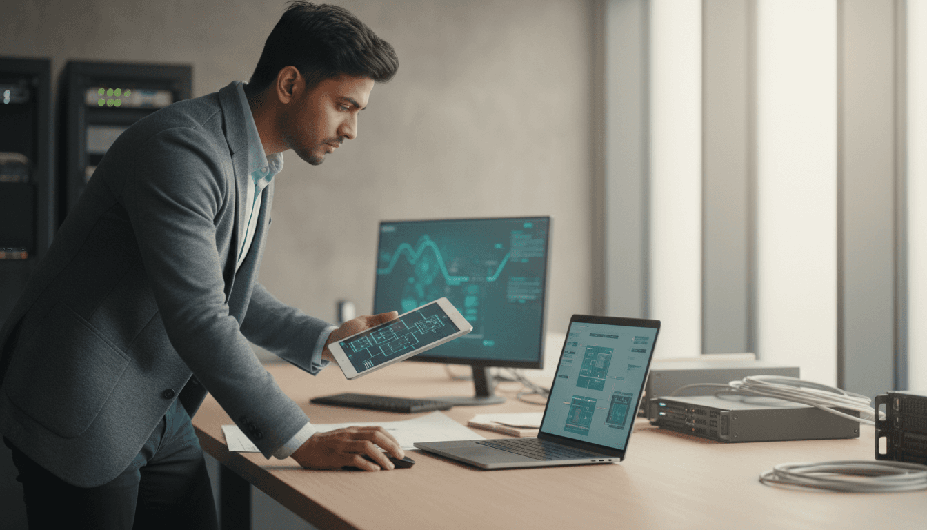 Fusion Solutions team member reviewing IT infrastructure plans and security systems
