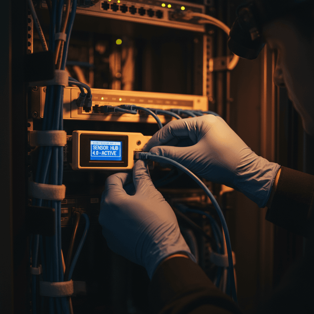 Technician connecting IoT device to network infrastructure