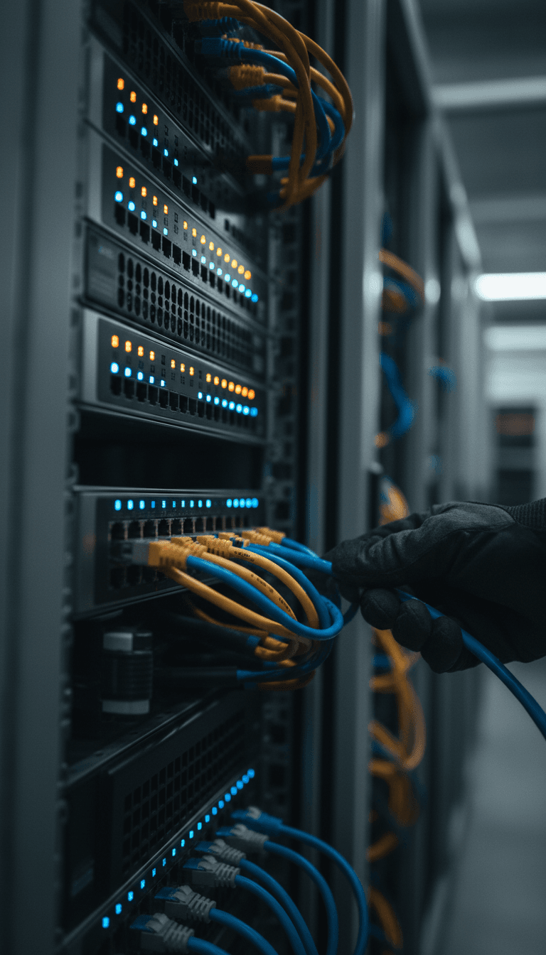 Server network equipment with illuminated status lights and technician making cable adjustments