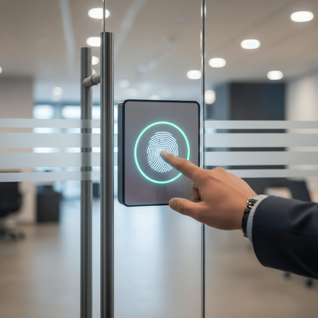 Biometric fingerprint scanner in use at secure office entrance
