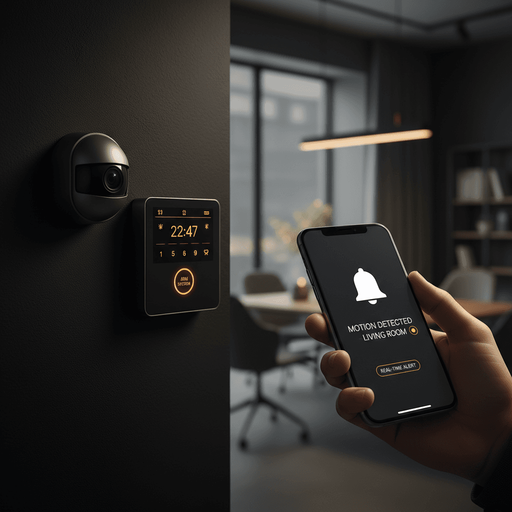 Motion sensor alarm control interface with smartphone security notification